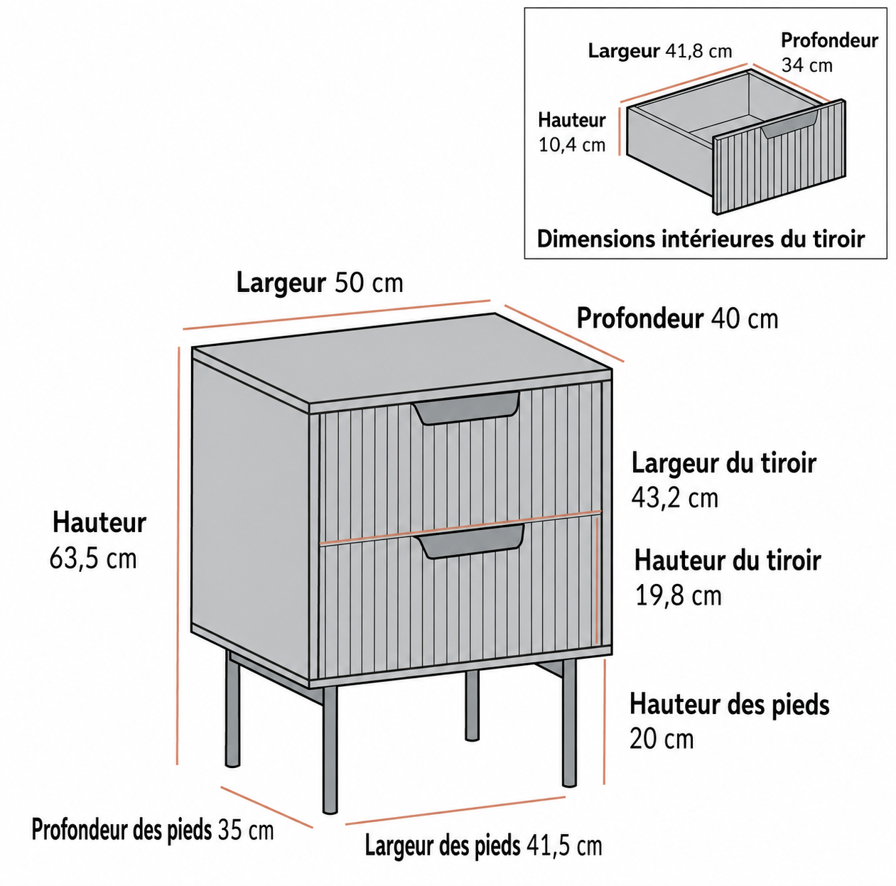 Table de Chevet Design Bois - Table de Nuit 2 Tiroirs Rangement