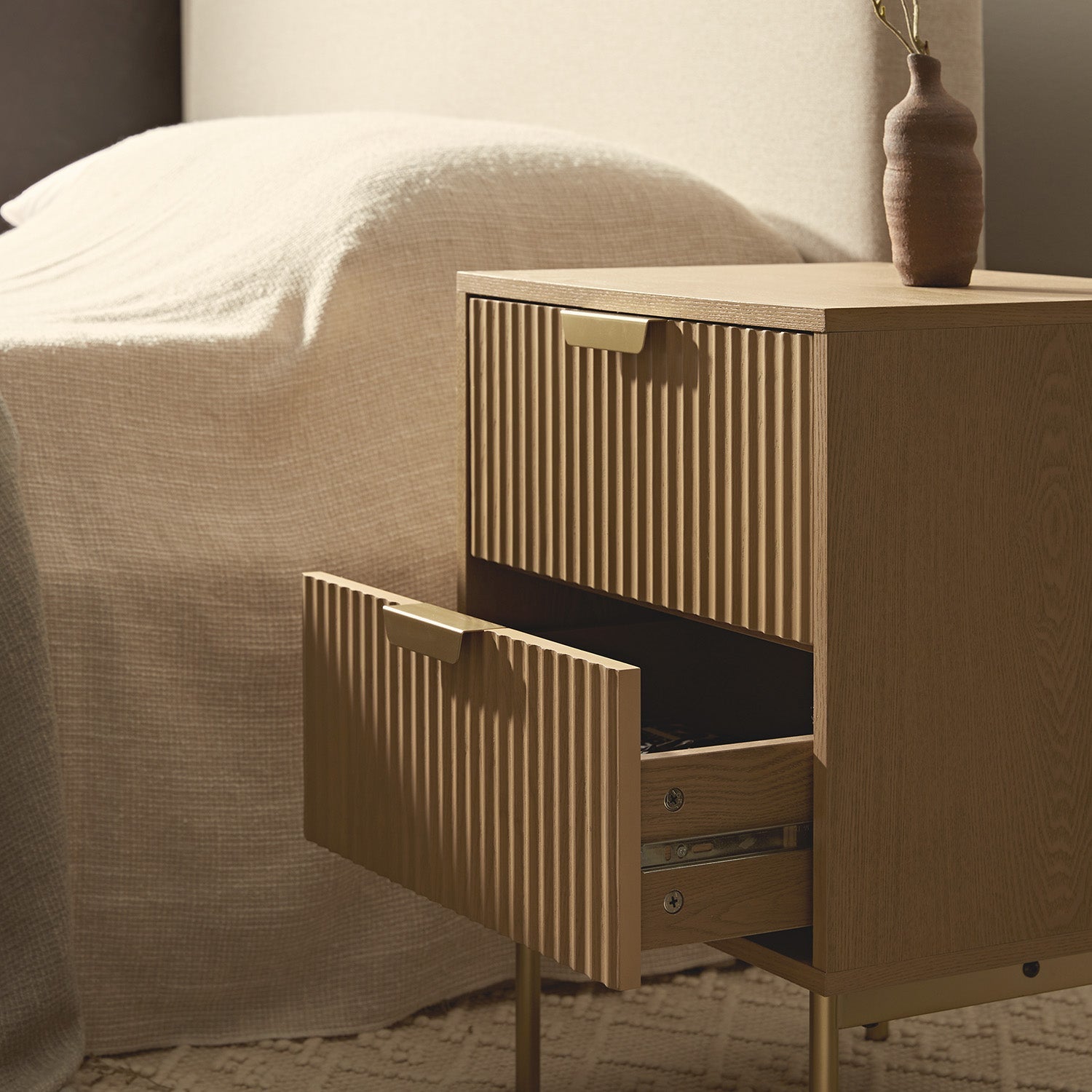 Table de Chevet Design Bois - Table de Nuit 2 Tiroirs Rangement