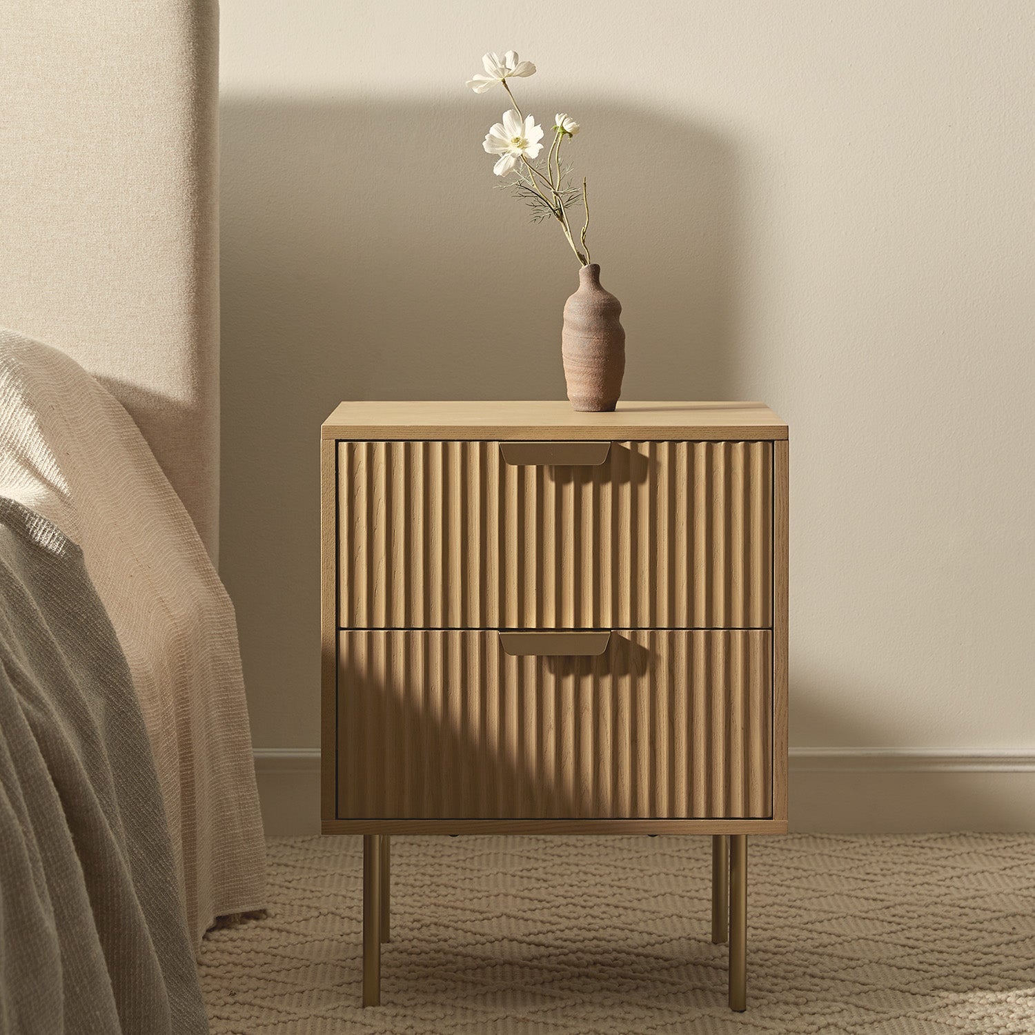 Table de Chevet Design Bois - Table de Nuit 2 Tiroirs Rangement