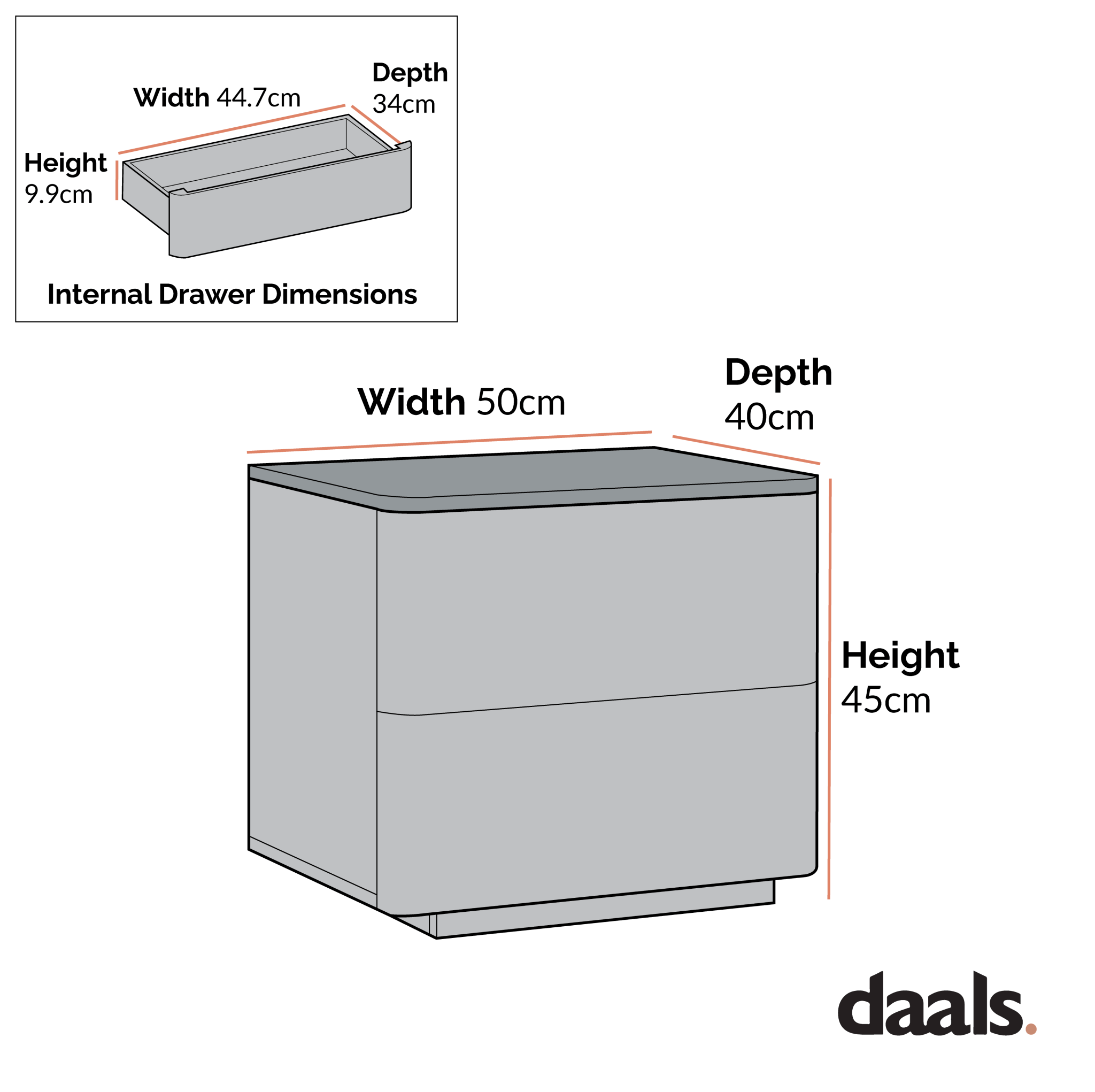 Agnes Curved Edge 2 Drawer Bedside Table, Dove Grey with Oak Top