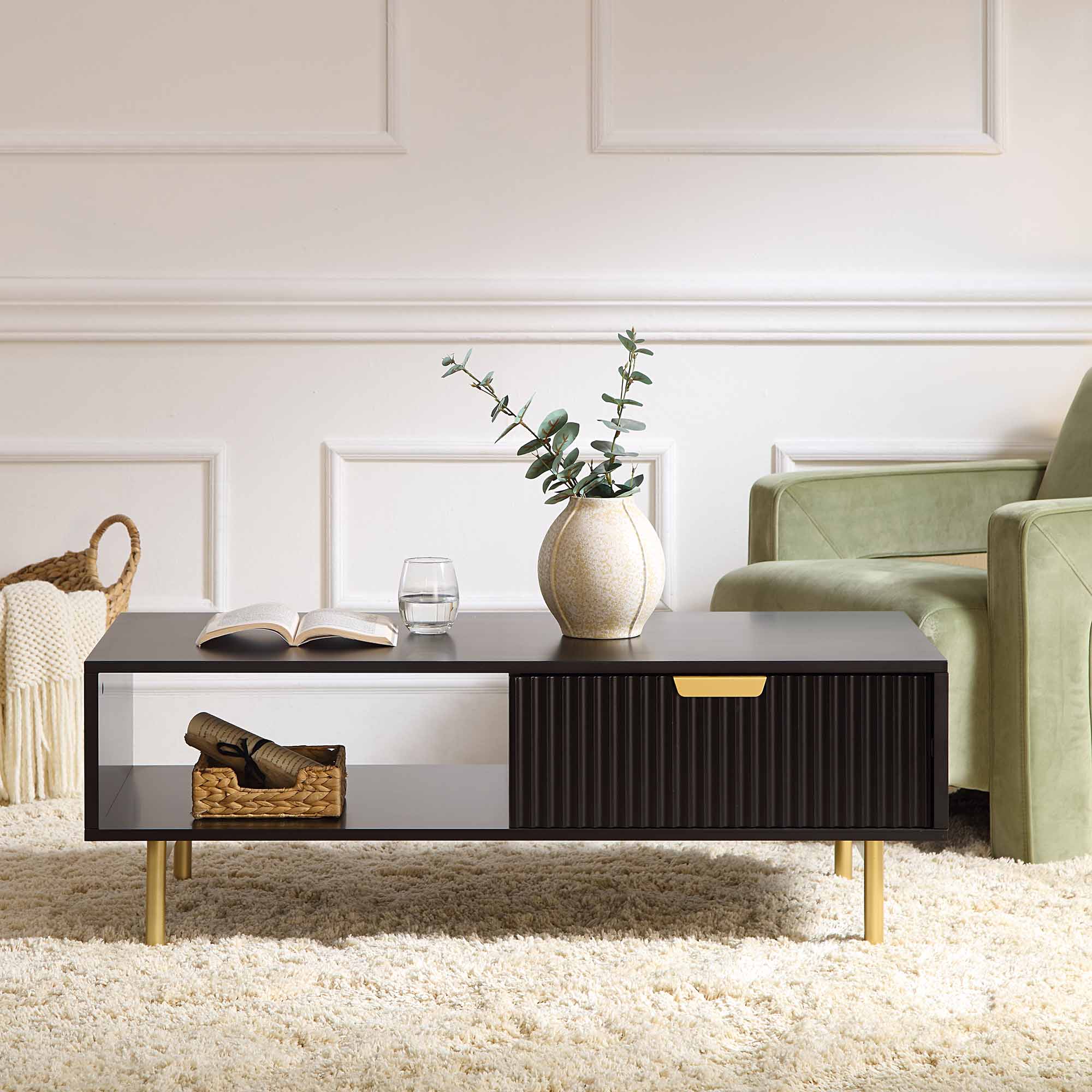 Richmond Ridged Coffee Table with Drawer, Matte Black