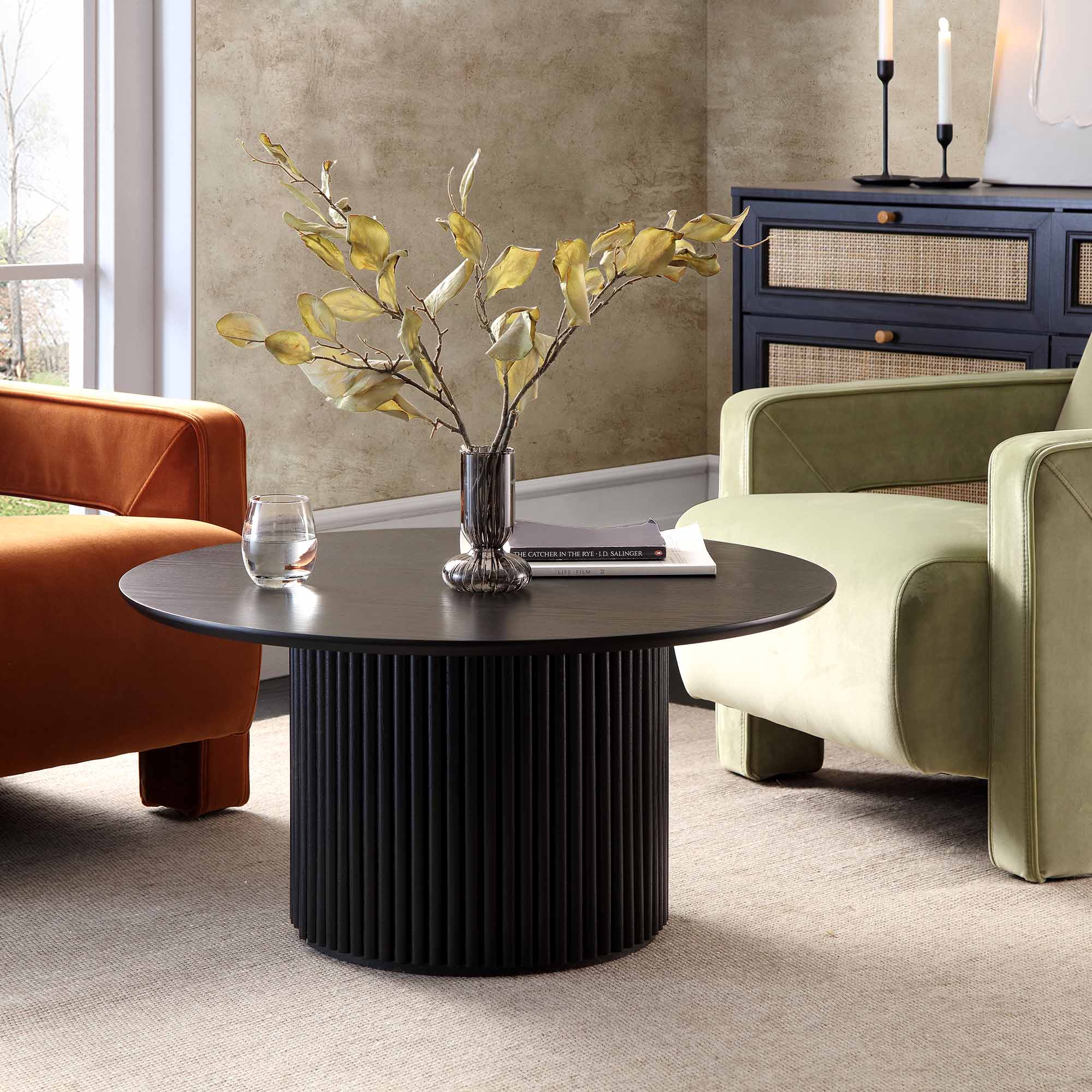 Maru Round Oak Pedestal Coffee Table, Black