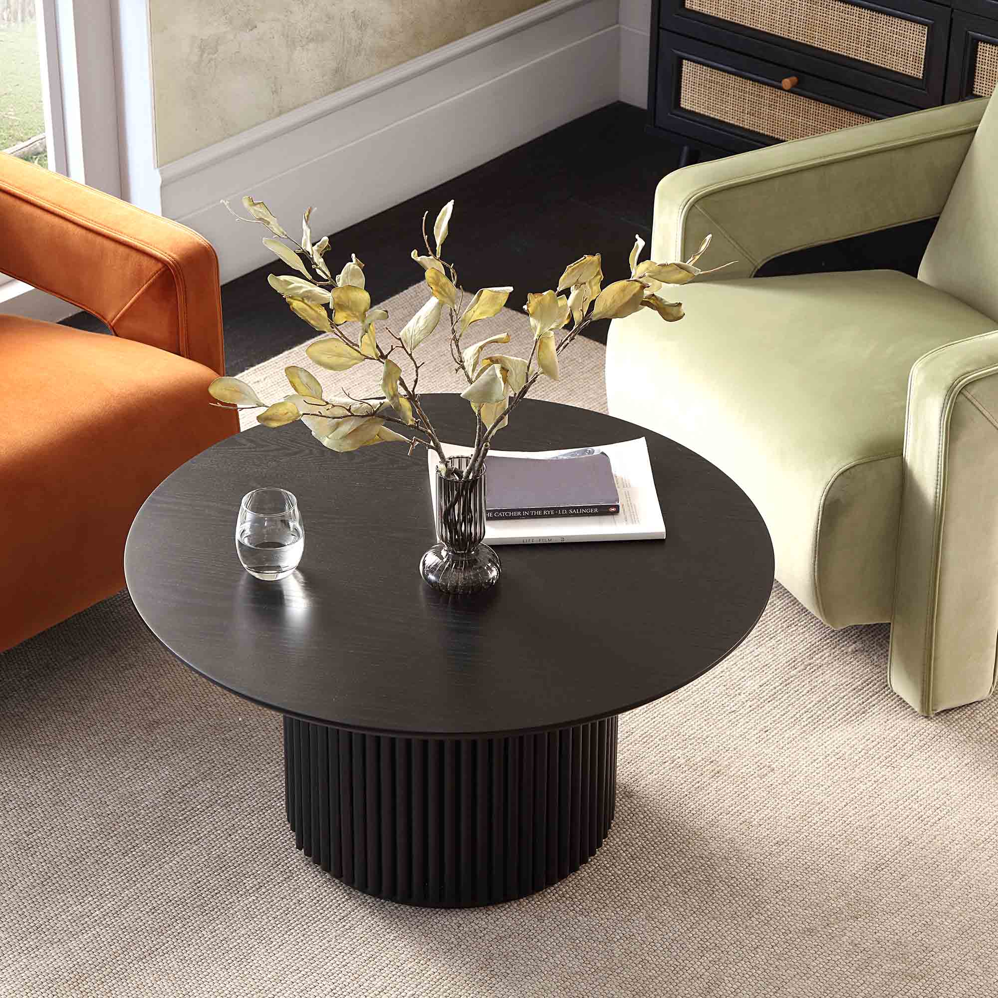 Maru Round Oak Pedestal Coffee Table, Black