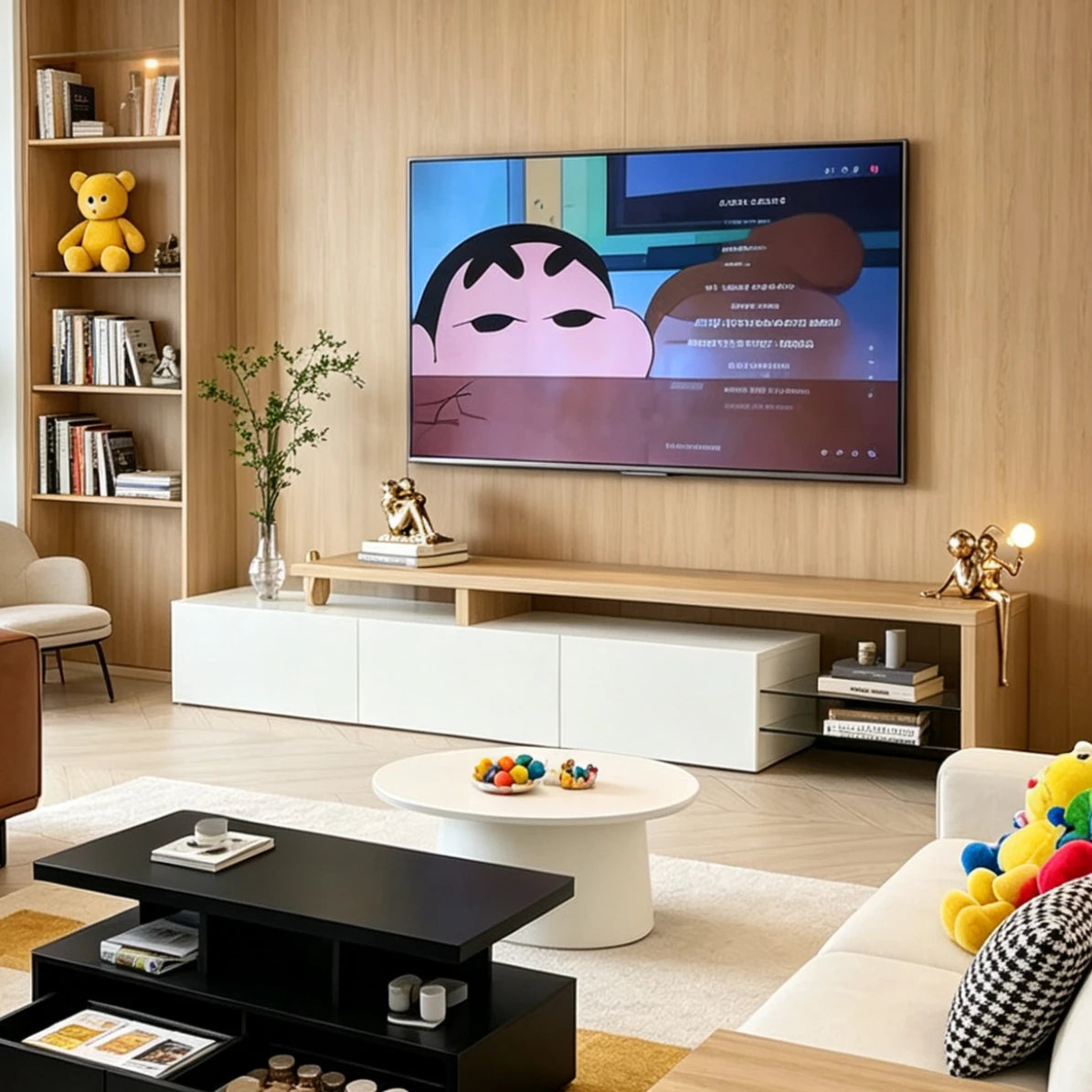 Meuble TV moderne avec éclairage LED intégré, 3 portes de rangement et 2 étagères en verre.
