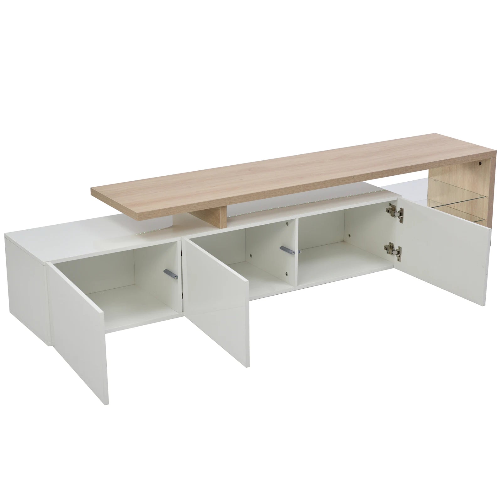 Meuble TV moderne avec éclairage LED intégré, 3 portes de rangement et 2 étagères en verre.