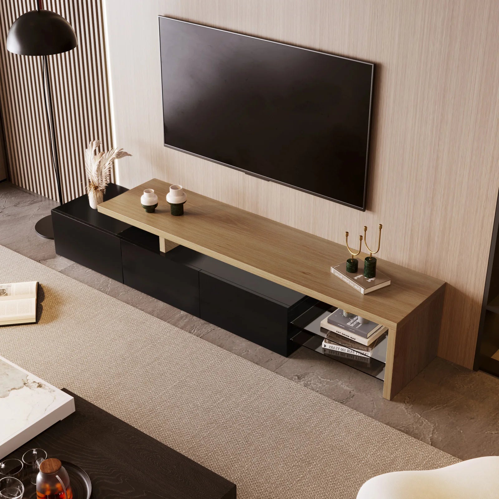 Meuble TV moderne avec éclairage LED intégré, 3 portes de rangement et 2 étagères en verre.