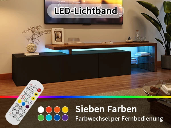 Meuble TV moderne avec éclairage LED intégré, 3 portes de rangement et 2 étagères en verre.