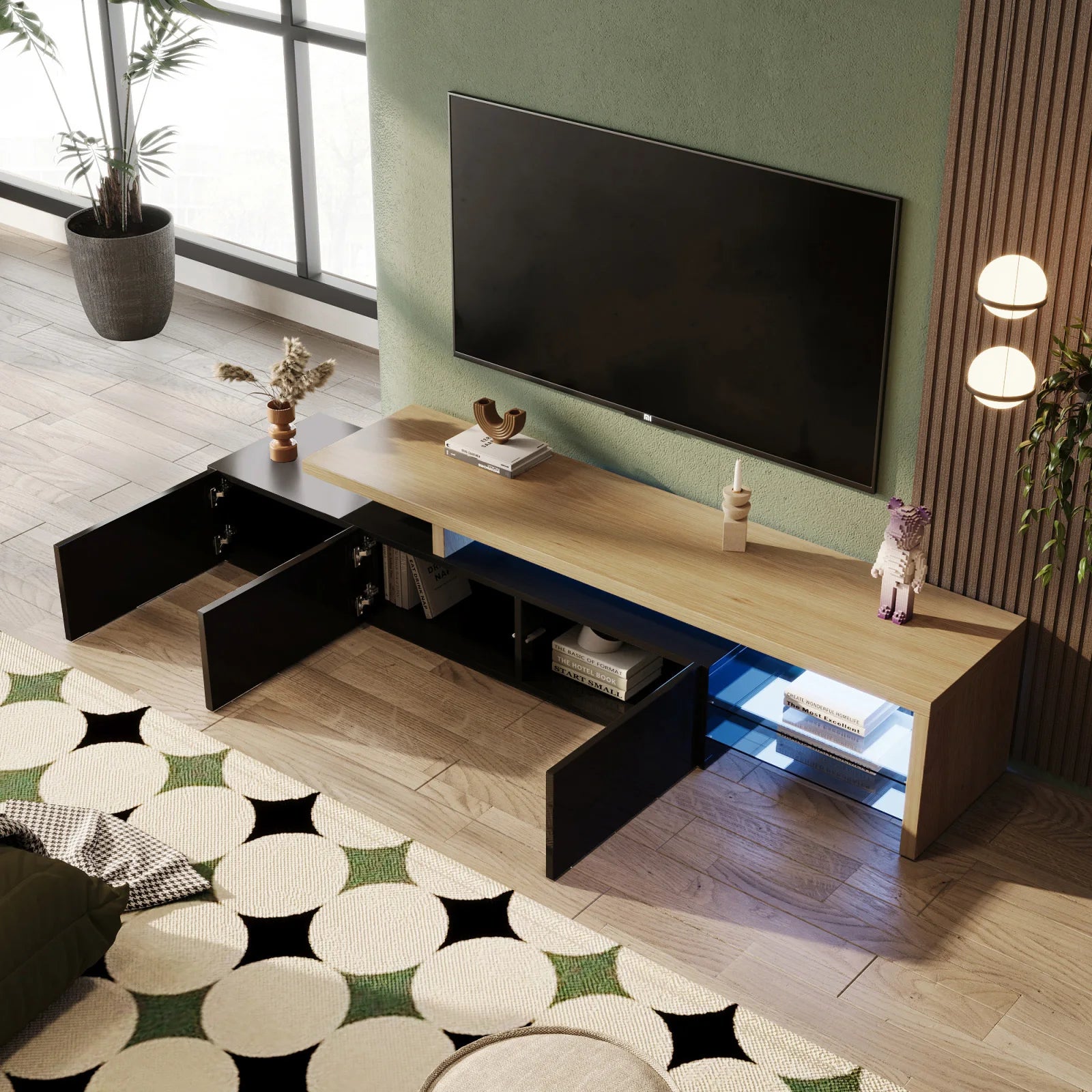Meuble TV moderne avec éclairage LED intégré, 3 portes de rangement et 2 étagères en verre.
