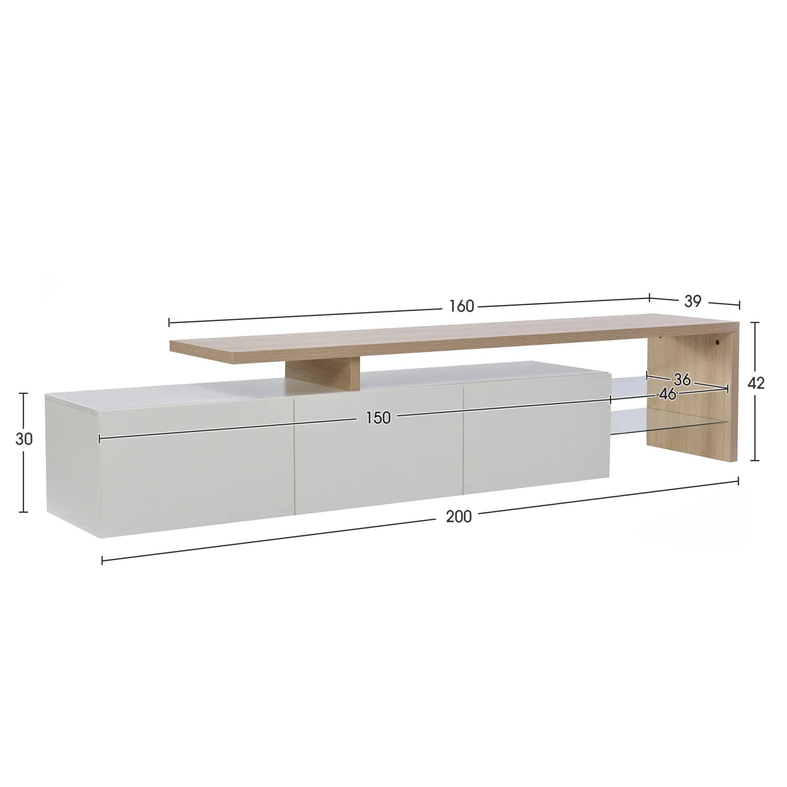 Meuble TV moderne avec éclairage LED intégré, 3 portes de rangement et 2 étagères en verre.