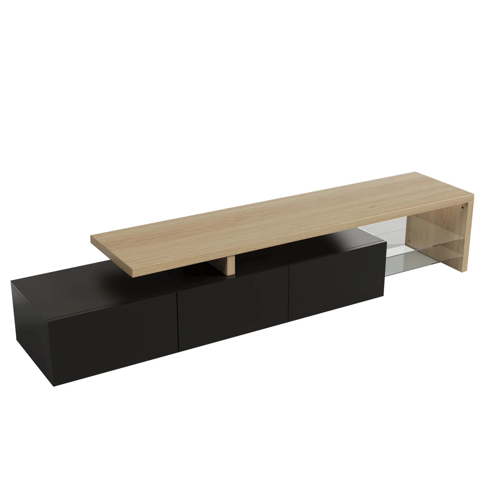 Meuble TV moderne avec éclairage LED intégré, 3 portes de rangement et 2 étagères en verre.