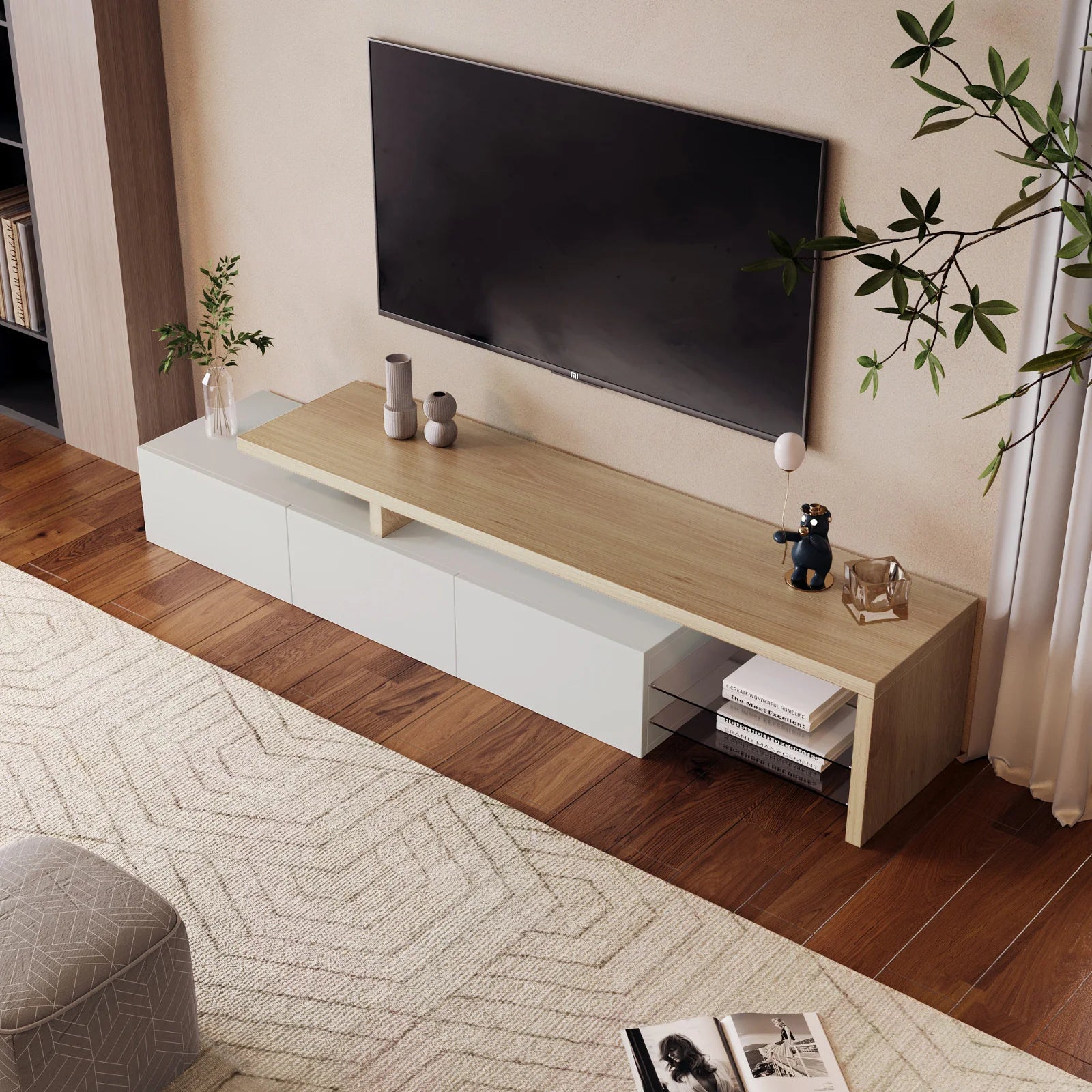 Meuble TV moderne avec éclairage LED intégré, 3 portes de rangement et 2 étagères en verre.