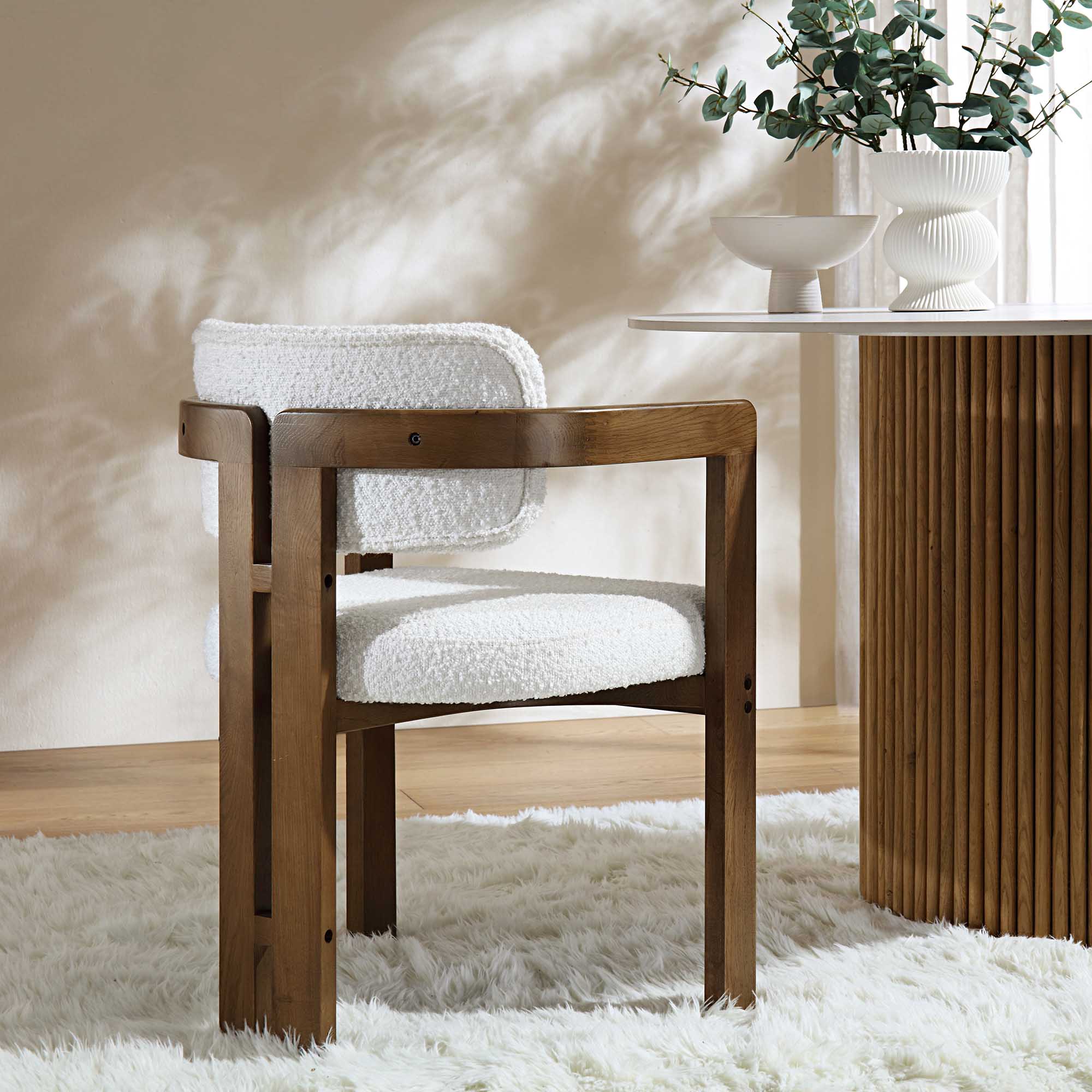 Stanford Curved Oak Frame Upholstered Chair, White Boucle Light Walnut Frame