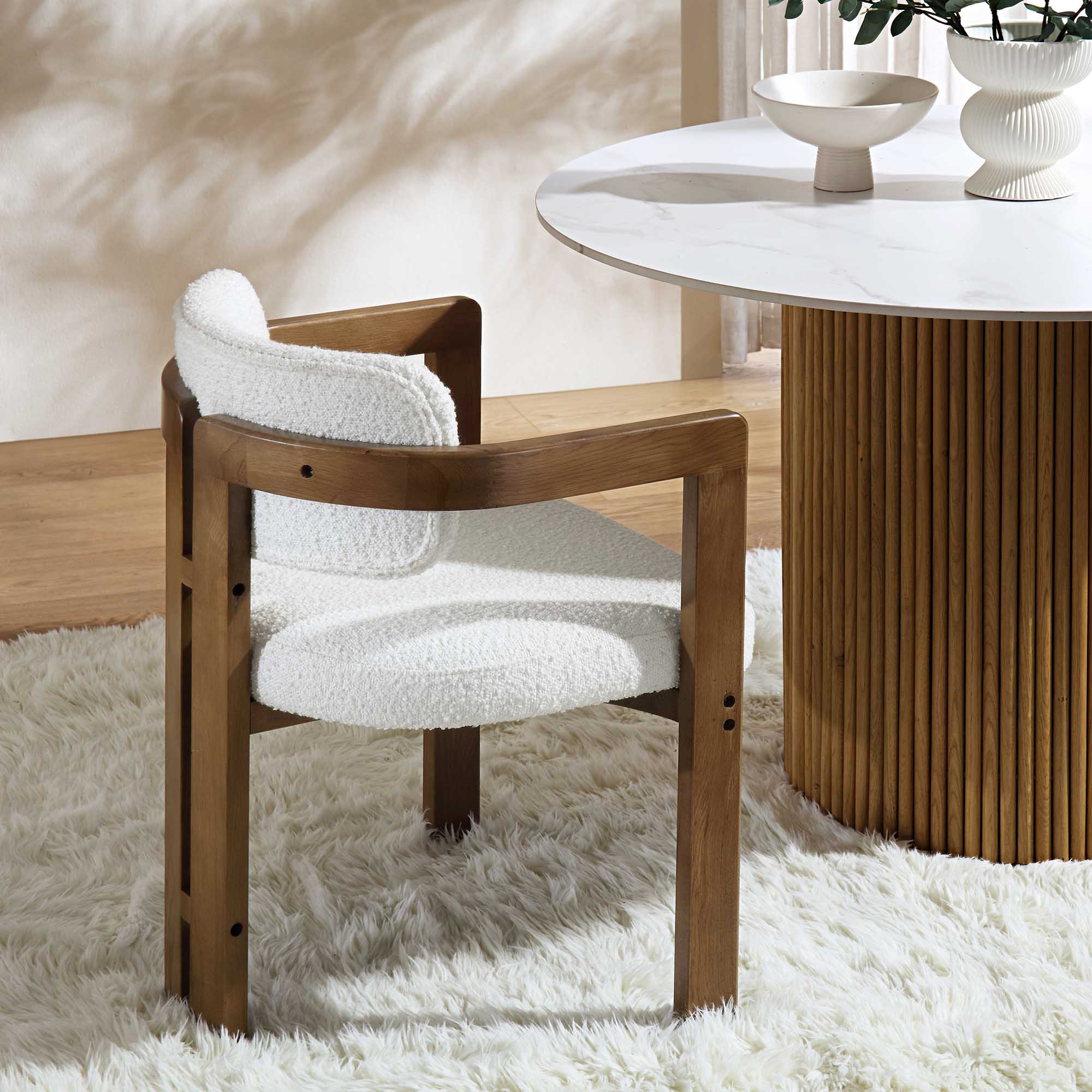 Stanford Curved Oak Frame Upholstered Chair, White Boucle Light Walnut Frame