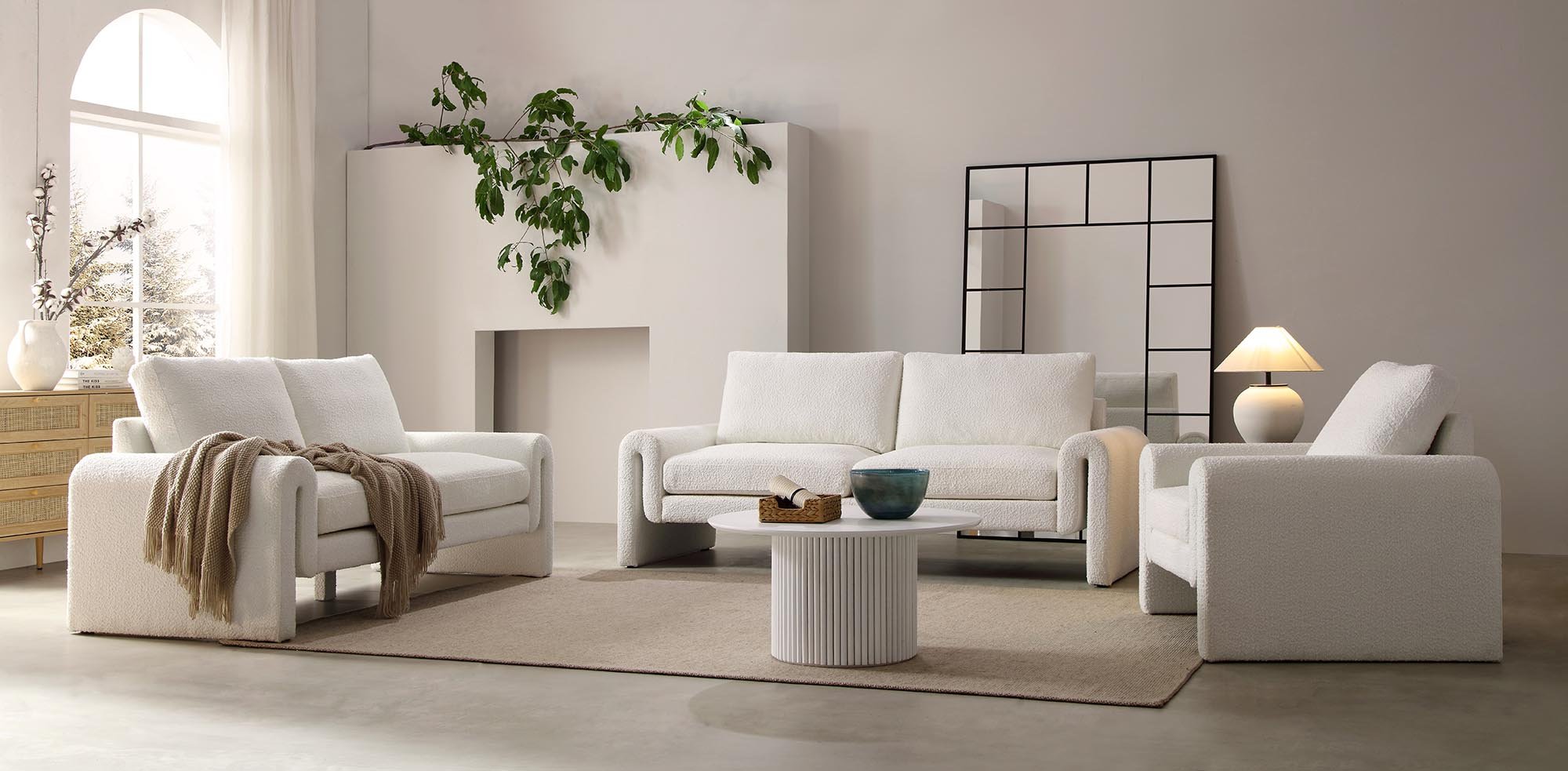 Hampstead White Boucle Curved 3-Seater Sofa