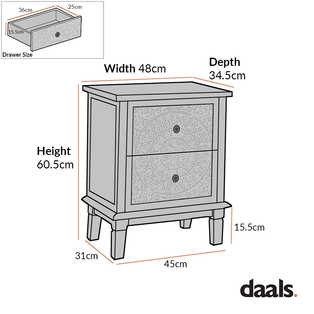 Chantilly Whitewashed Carved 2 Drawer Bedside Table