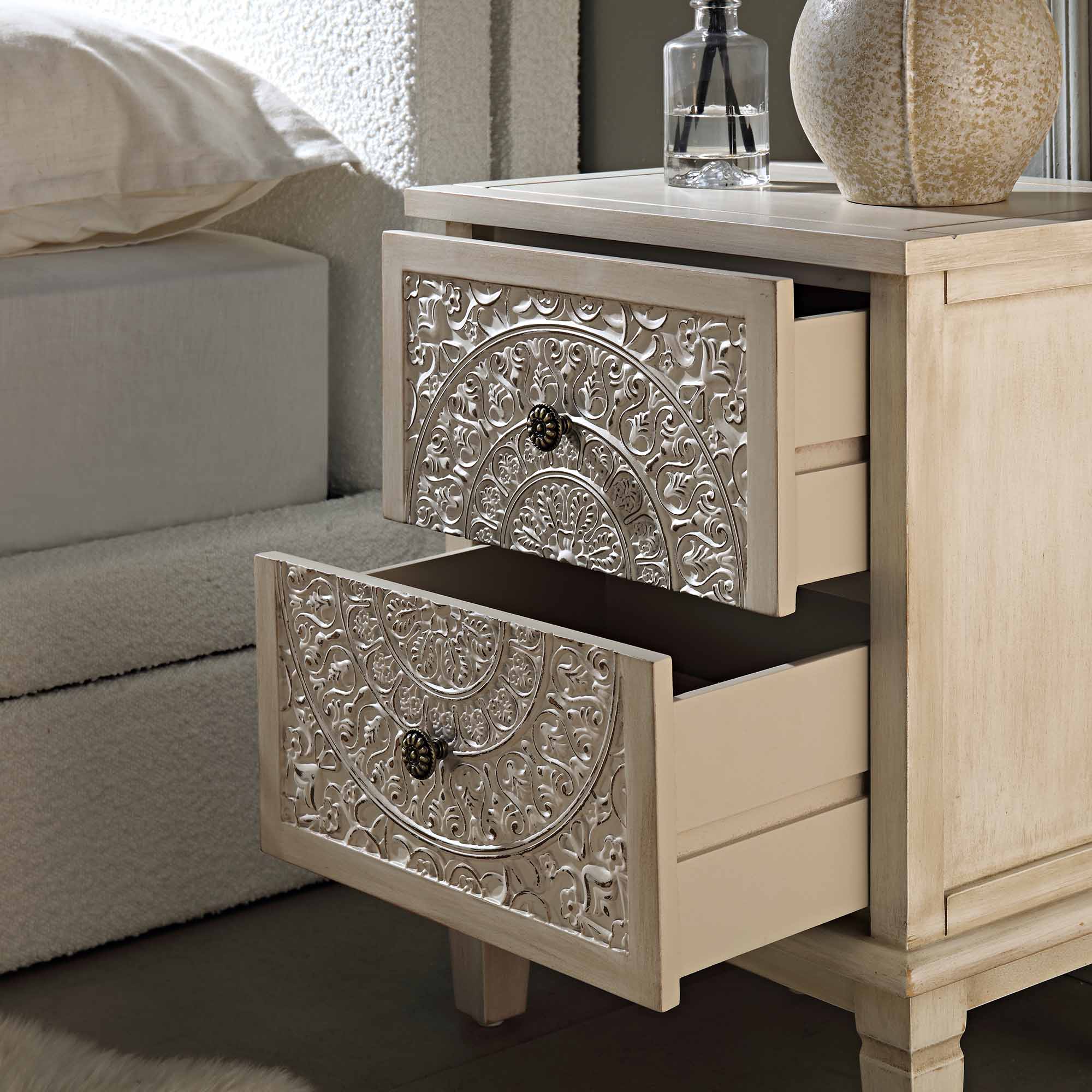 Chantilly Whitewashed Carved 2 Drawer Bedside Table