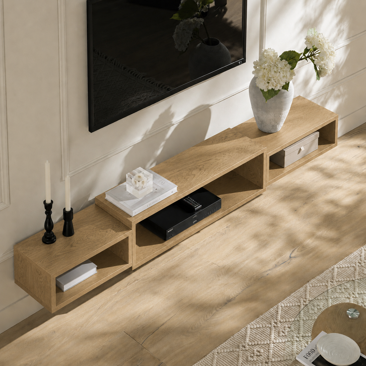 Meuble TV Suspendu Design - Étagère Murale Rangement Salon en Bois