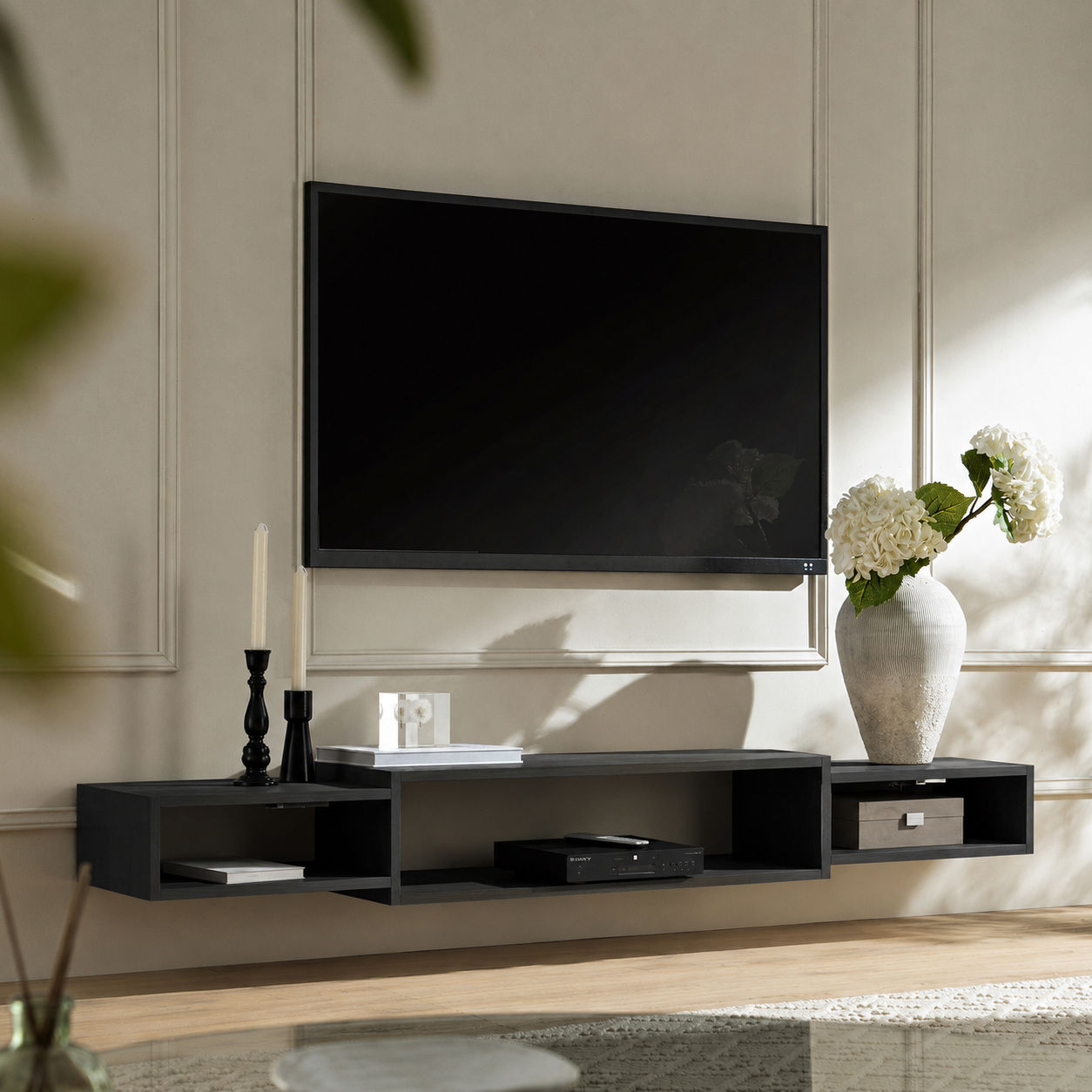 Meuble TV Suspendu Design - Étagère Murale Rangement Salon en Bois