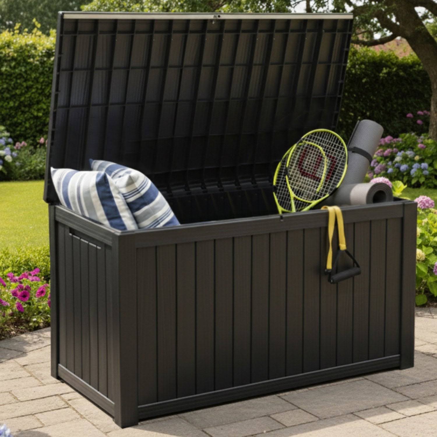 Coffre de Jardin 680L Noir, Rangement Extérieur Imperméable avec Assise, Effet Bois & Cadenas | Maison du Mobilier