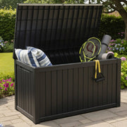 Coffre de Jardin 680L Noir, Rangement Extérieur Imperméable avec Assise, Effet Bois & Cadenas | Maison du Mobilier