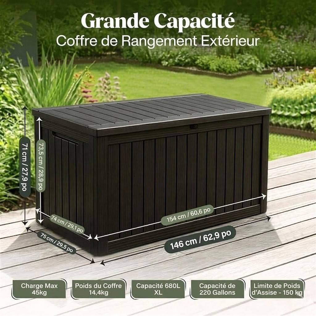 Coffre de Jardin 680L Noir, Rangement Extérieur Imperméable avec Assise, Effet Bois & Cadenas | Maison du Mobilier