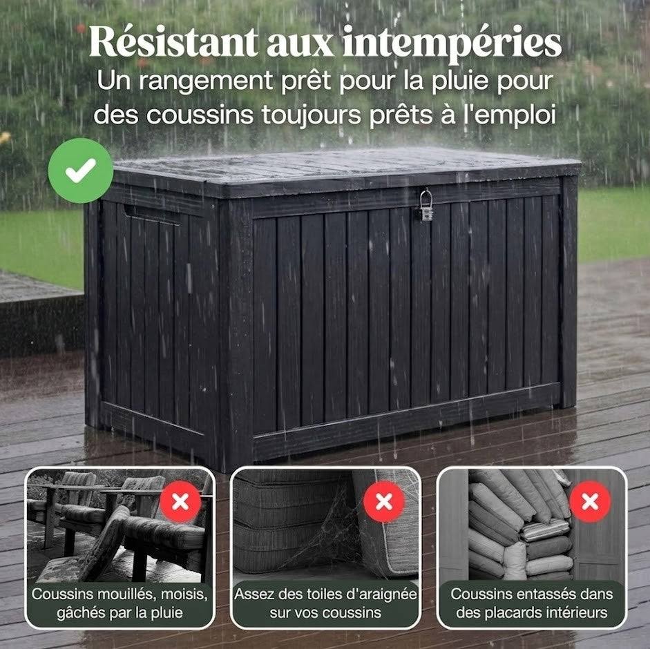 Coffre de Jardin 680L Noir, Rangement Extérieur Imperméable avec Assise, Effet Bois & Cadenas | Maison du Mobilier