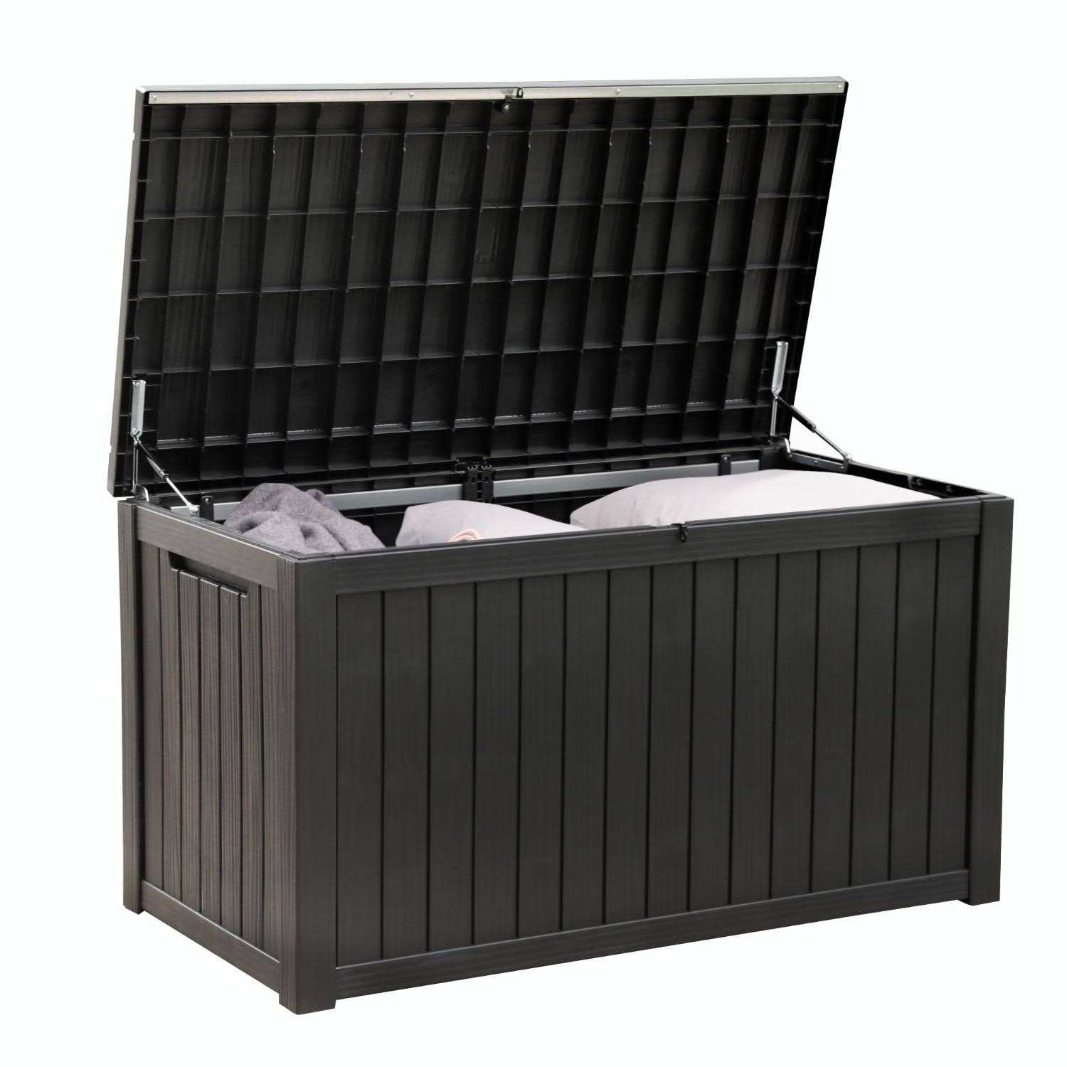 Coffre de Jardin 680L Noir, Rangement Extérieur Imperméable avec Assise, Effet Bois & Cadenas | Maison du Mobilier