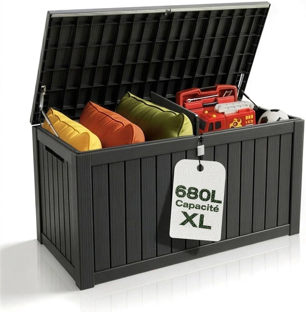 Coffre de Jardin 680L Noir, Rangement Extérieur Imperméable avec Assise, Effet Bois & Cadenas | Maison du Mobilier