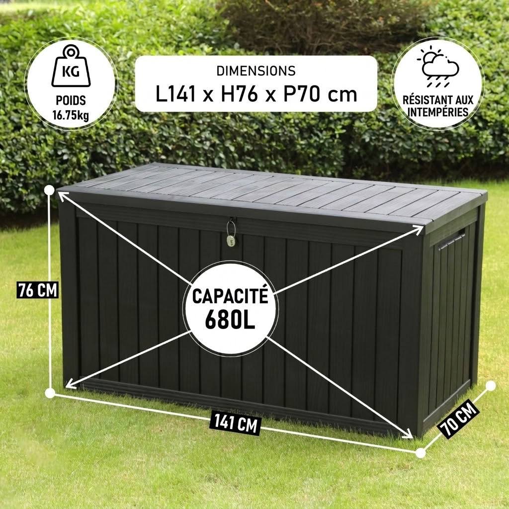 Coffre de Jardin 680L Noir, Rangement Extérieur Imperméable avec Assise, Effet Bois & Cadenas | Maison du Mobilier