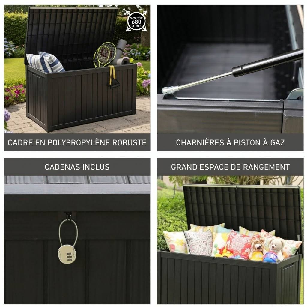 Coffre de Jardin 680L Noir, Rangement Extérieur Imperméable avec Assise, Effet Bois & Cadenas | Maison du Mobilier