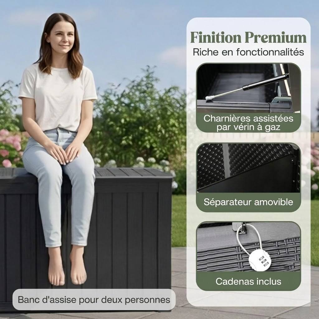Coffre de Jardin 680L Noir, Rangement Extérieur Imperméable avec Assise, Effet Bois & Cadenas | Maison du Mobilier