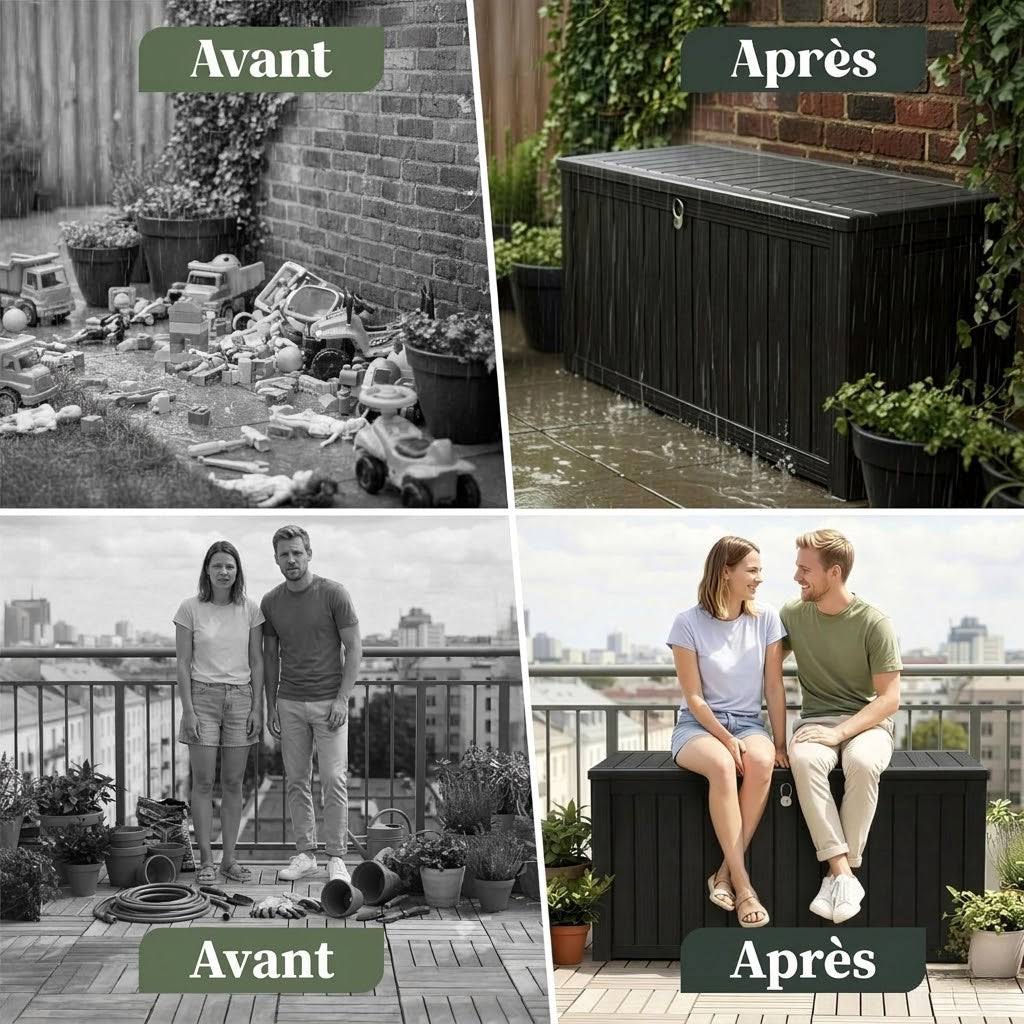 Coffre de Jardin 680L Noir, Rangement Extérieur Imperméable avec Assise, Effet Bois & Cadenas | Maison du Mobilier